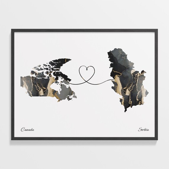 Canada and Serbia Long Distance Black Marble Heart Connection Map Poster