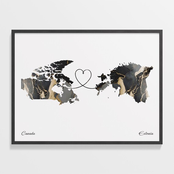 Canada to Estonia Black and Gold Marble Two Country Map Poster