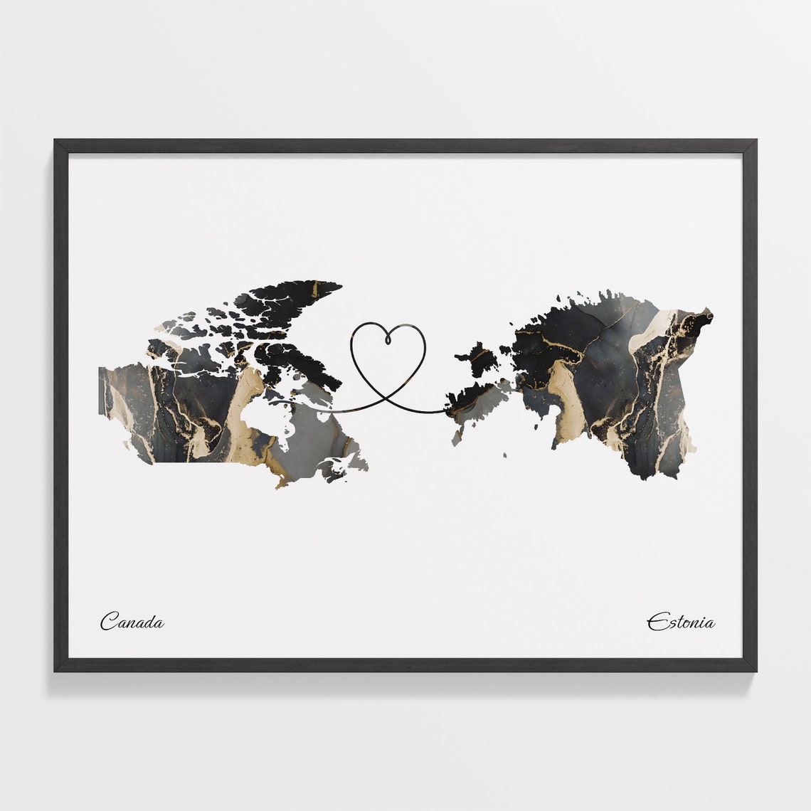 Canada to Estonia Black and Gold Marble Two Country Map Poster
