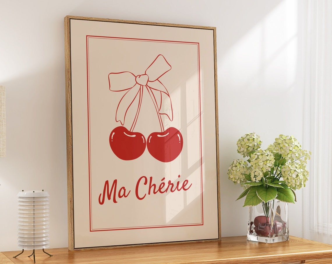 Ma Cherie Red Cherry Bow Coquette French Kitchen Script Art Poster - Image 3