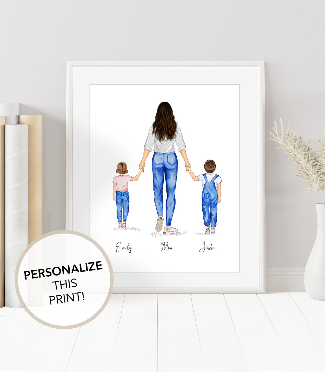 Personalized Mom Walking With Her Two Children Custom Portrait Poster - Image 2
