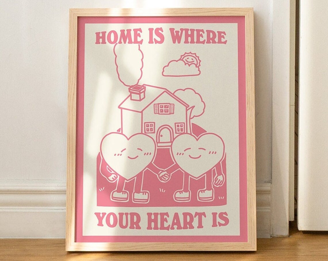 Home Is Where Your Heart Is Pink Hearts House Retro Quote Poster