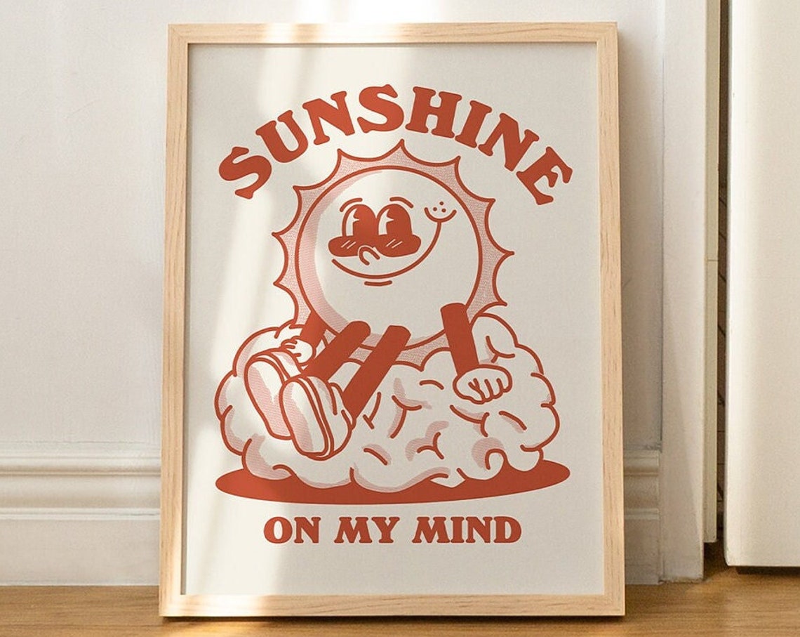 Sunshine Retro Character Wall Art Positive Quote Wall Print Cute Wall Decor A3 A4 A2 Prints Red Wall Poster Burnt Orange Unframed