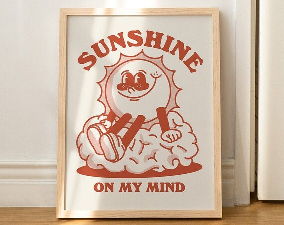 Sunshine Retro Character Wall Art Positive Quote Wall Print Cute Wall Decor A3 A4 A2 Prints Red Wall Poster Burnt Orange Unframed