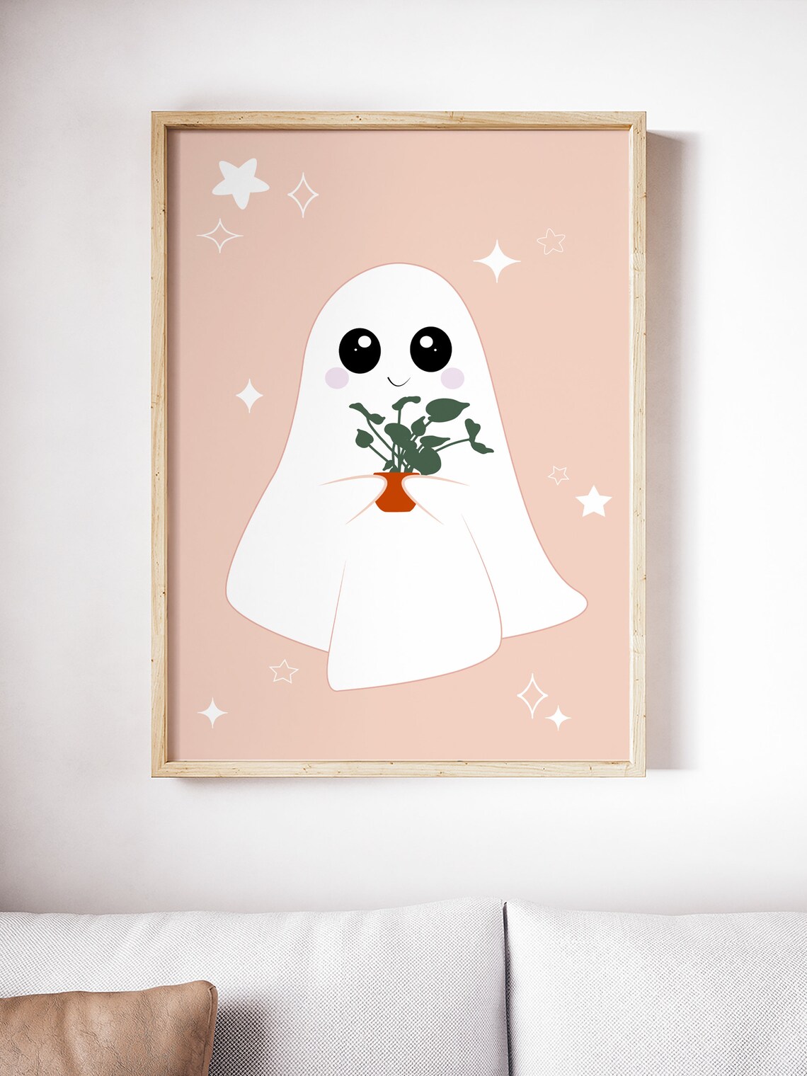 Cute Halloween Ghost Holding a Potted Plant in Pastel Poster - Image 3