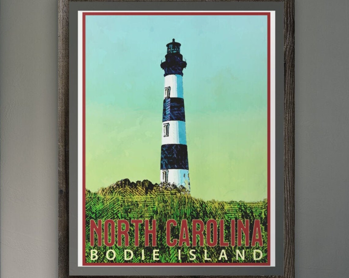 North Carolina Bodie Lighthouse Vintage Travel Poster