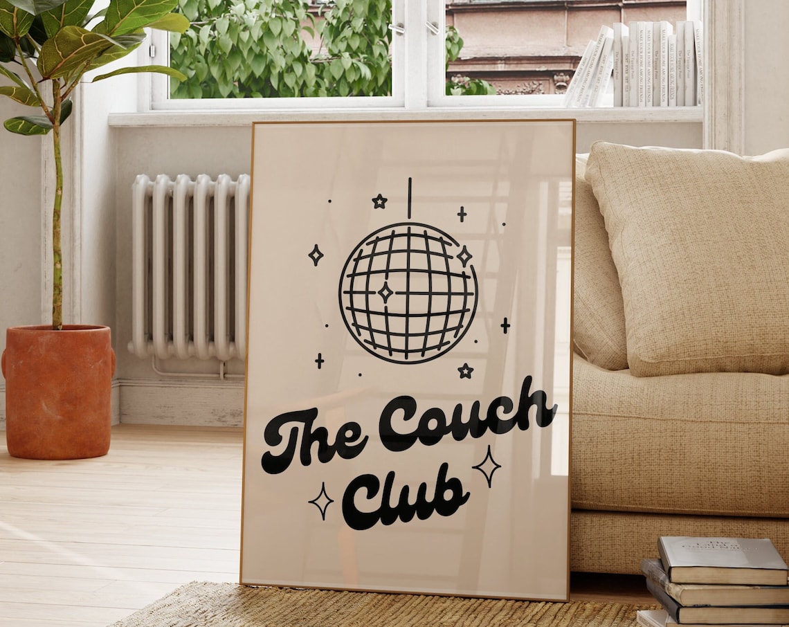 The Couch Club Disco Ball Line Art Retro Cozy Cream Quote Poster