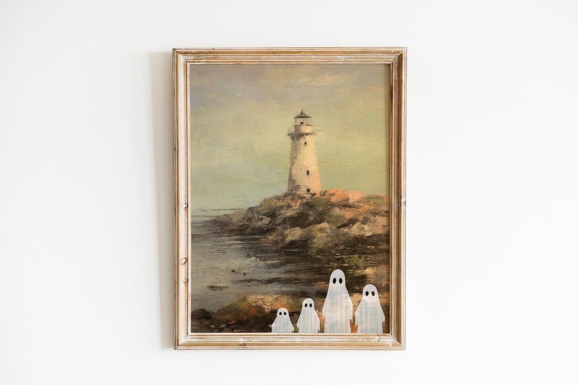 Ghost Friends Lighthouse Rocky Coast Vintage Halloween Wall Art - Image 2