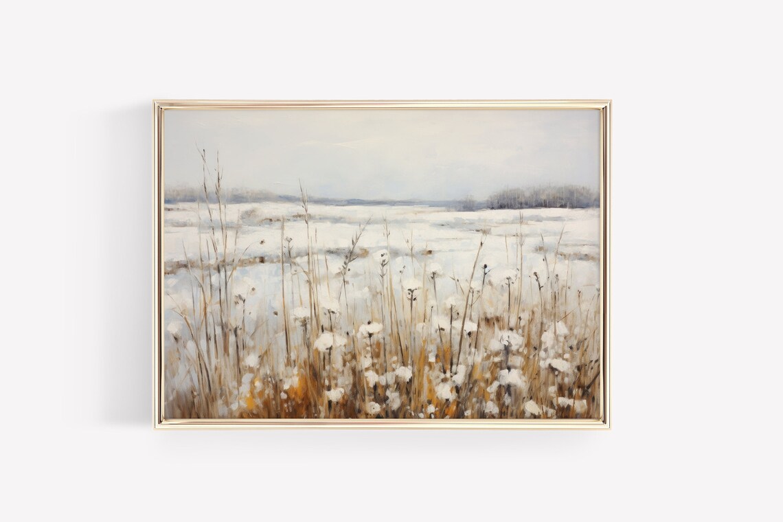 Winter Wildflower Meadow Vintage Snowy Landscape Oil Painting Poster - Image 2