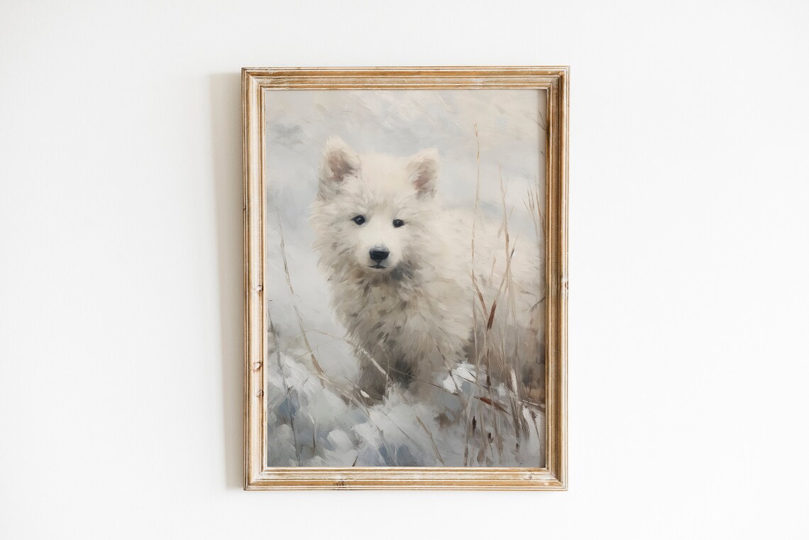 Fluffy White Dog in Snow Soft Watercolor Winter Portrait Poster