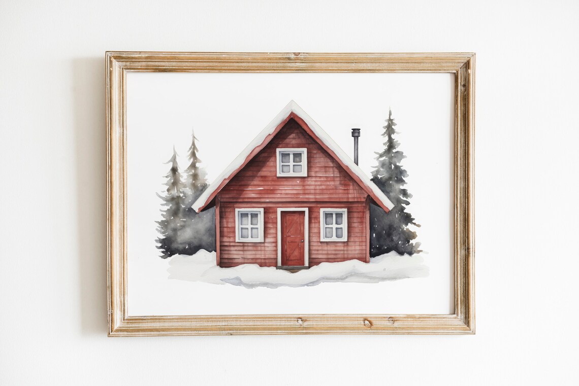 Red Wooden Cabin in the Snow Watercolor Winter Christmas Art Poster - Image 2