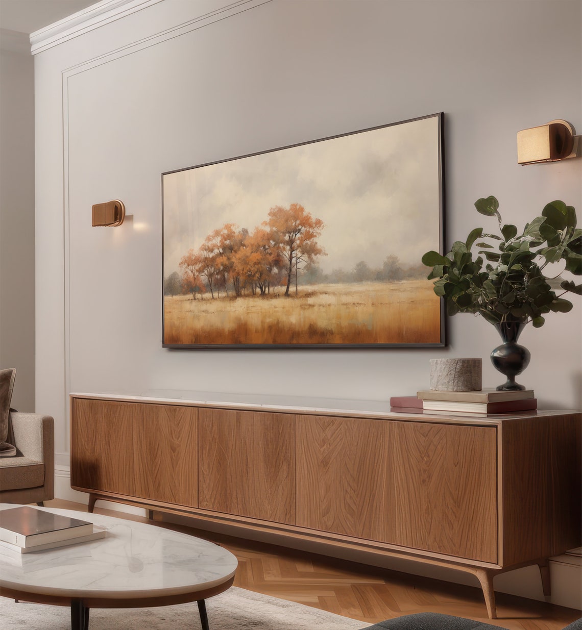 Rust Orange Trees in Misty Autumn Field Neutral Landscape Poster - Image 2