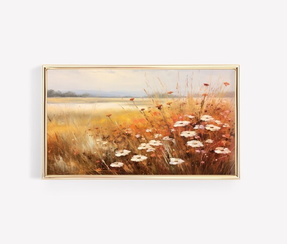 White Wildflowers in Golden Fall Field Vintage Landscape Poster
