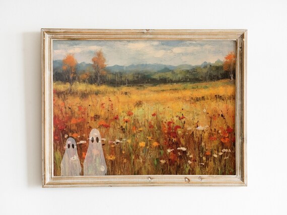 Spooky Ghosts Autumn Wildflower Field Cute Halloween Art Poster