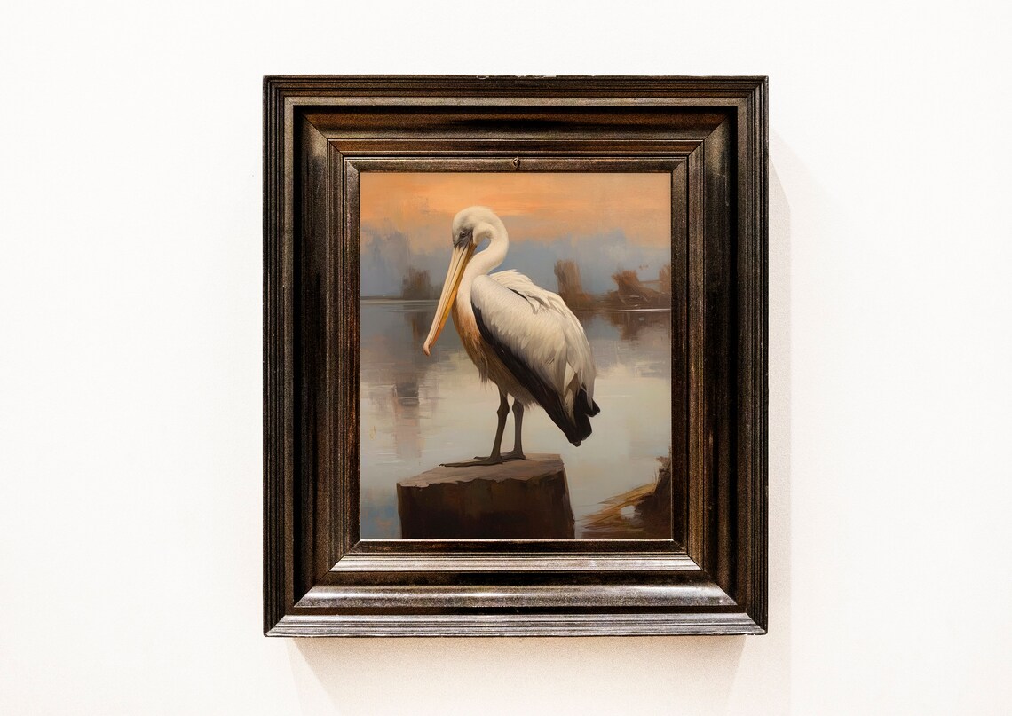 White Pelican on Wooden Piling Sunset Vintage Wildlife Painting Poster - Image 2