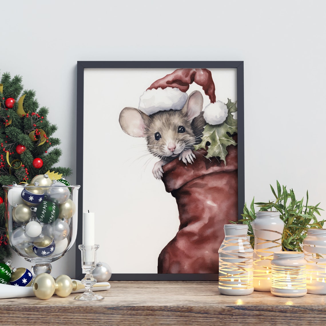 Cute Mouse in Christmas Stocking Santa Hat Watercolor Poster - Image 2