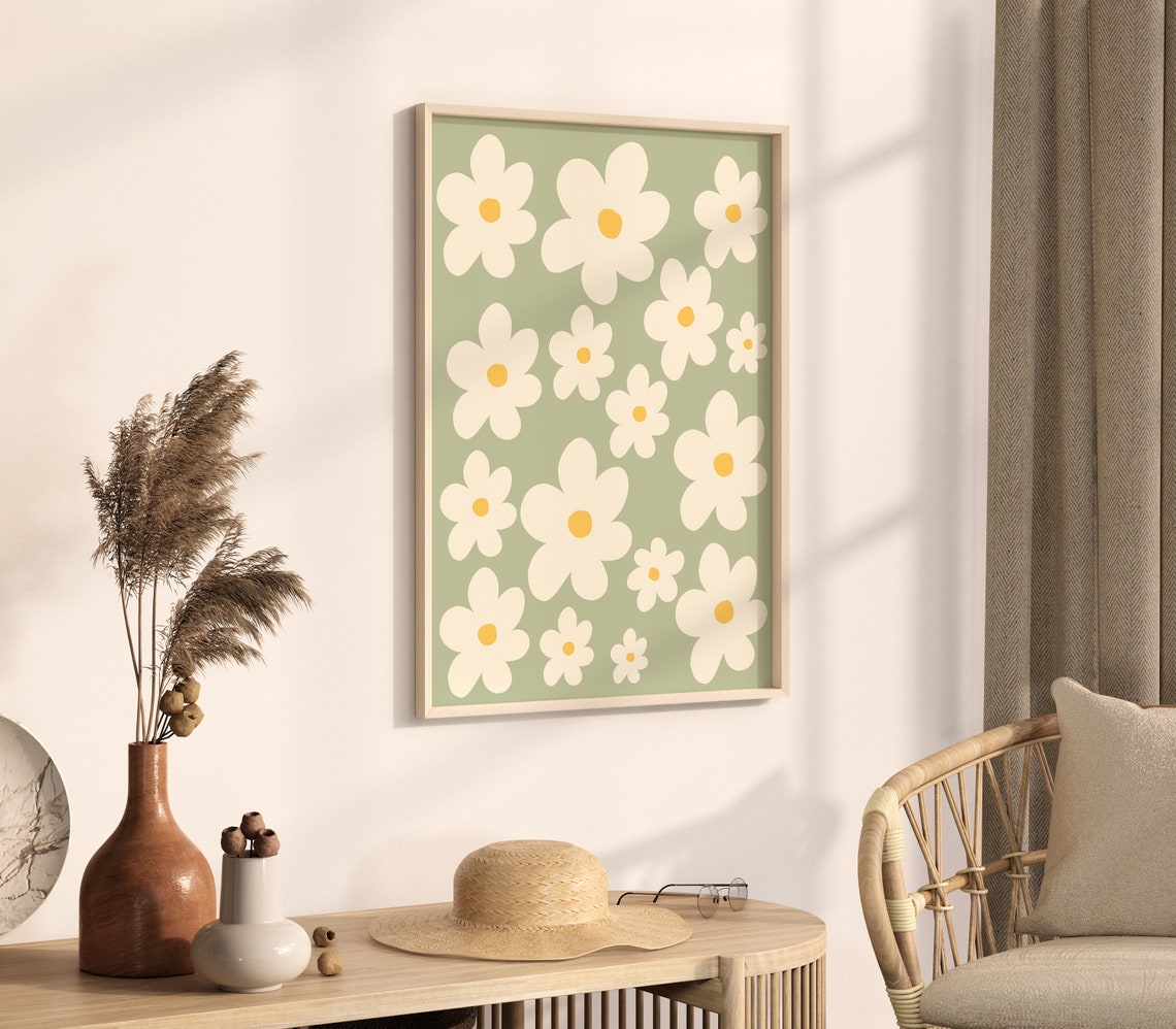 Cream Sage Green Abstract Daisies Pattern Modern Botanical Poster - Image 2