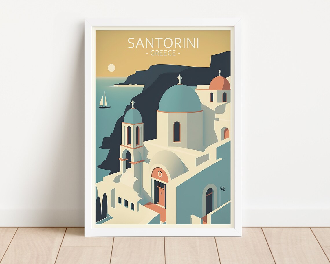 Santorini Greece Blue Dome Church Vintage Retro Travel Art Poster