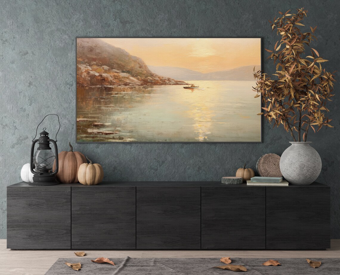 Golden Sunset Seascape Fishing Boat Rocky Cliff Ocean Painting Wall Art - Image 4