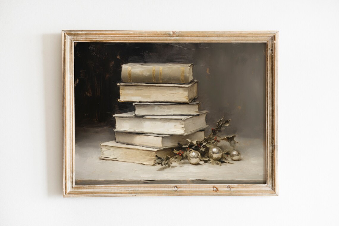Stack of Vintage Books with Holly Moody Still Life Painting Poster