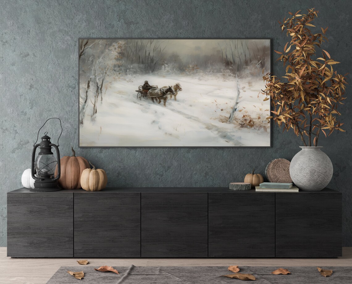 Horse Drawn Sleigh in Snow Vintage Winter Landscape Painting Poster - Image 2
