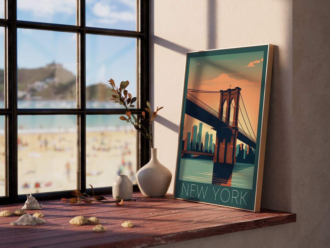 New York City Brooklyn Bridge Retro Sunset Skyline Travel Poster - Image 3