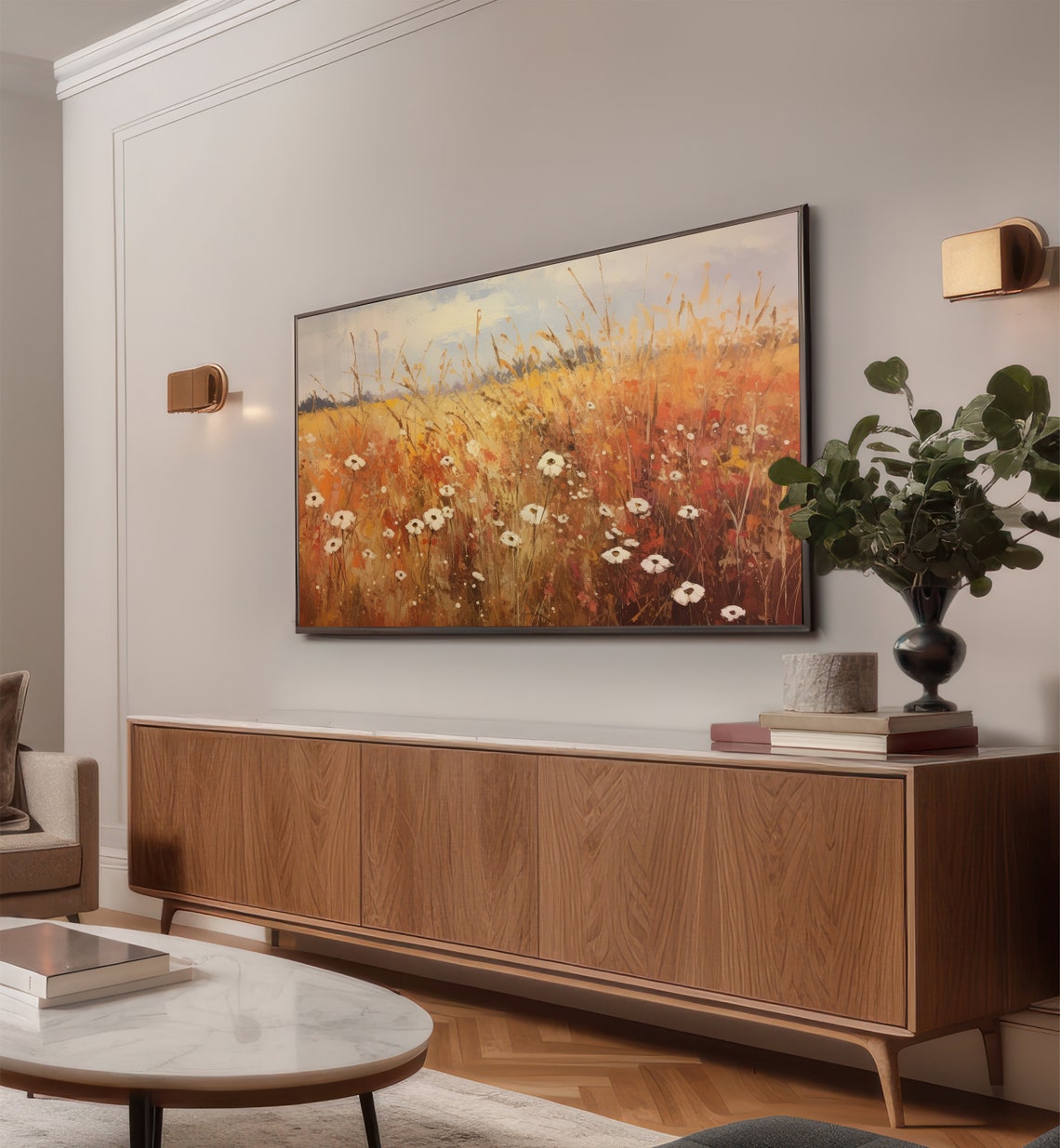 White Wildflowers in Burnt Orange Field Impressionist Poster - Image 2