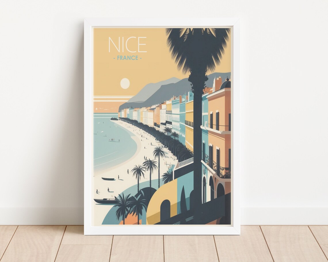 Nice France Riviera Beach Promenade Retro Travel Style Poster