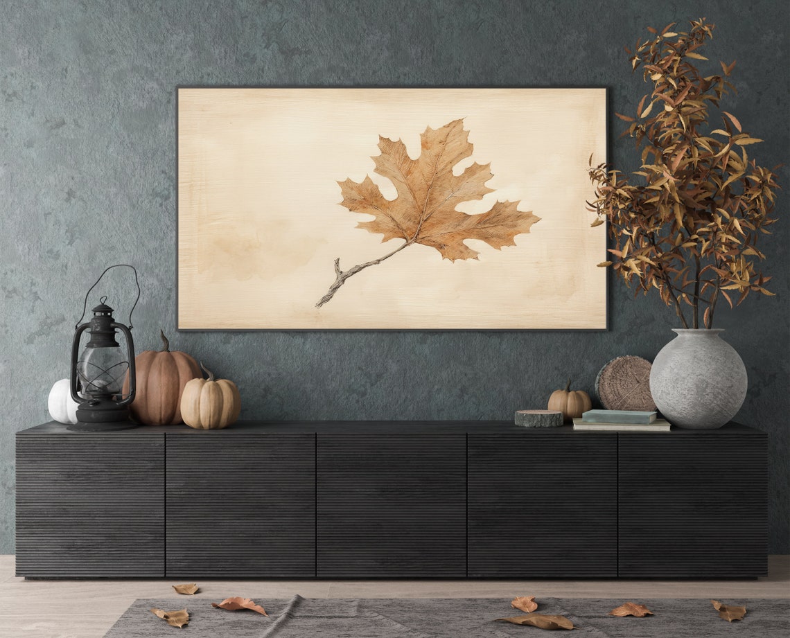 Minimal Dried Oak Leaf on Twig Vintage Botanical Study Poster - Image 2