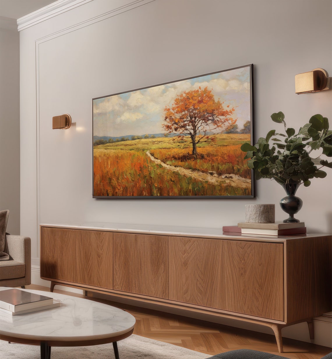 Lone Autumn Tree Winding Path Golden Field Painting Wall Art - Image 2