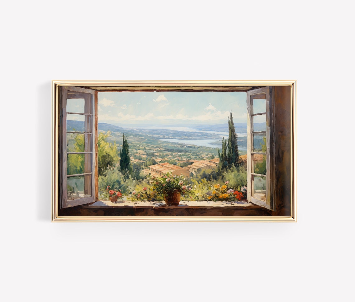 Tuscany Hills Lake View Through Open Window Floral Sill Poster - Image 3