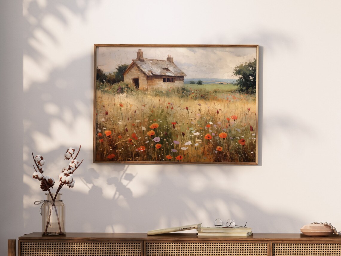 English Stone Cottage Wildflower Meadow Vintage Farmhouse Art Print - Image 2