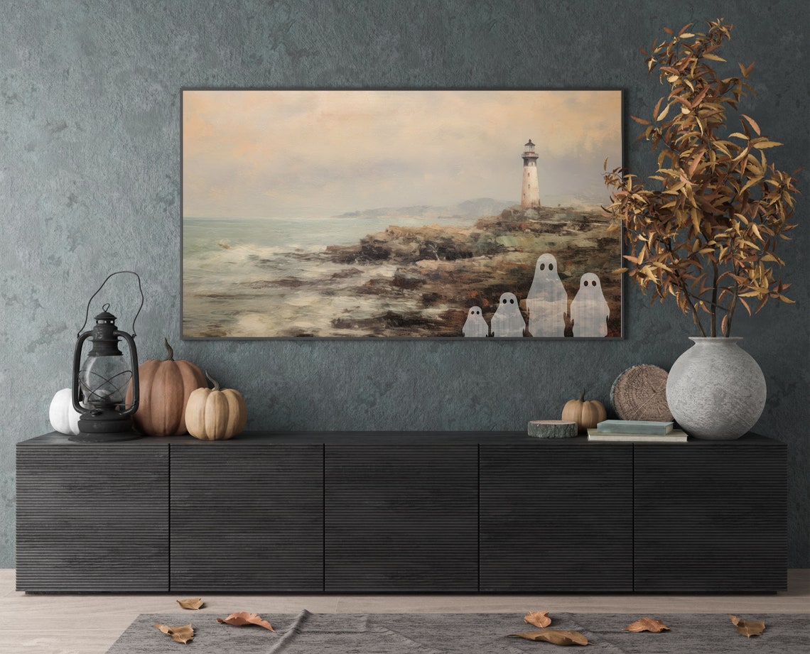 Spooky Ghost Family Coastal Lighthouse Rocky Shore Halloween Wall Art - Image 4