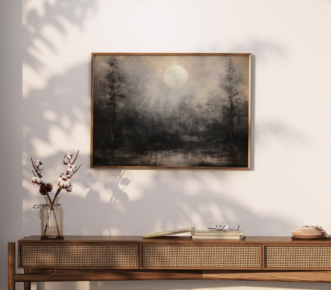 Muted Full Moon Over Misty Gray Forest Moody Halloween Poster - Image 4