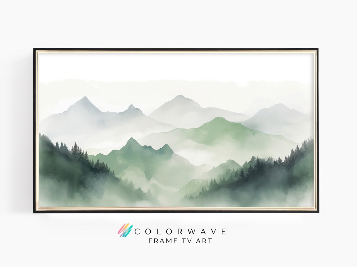 Soft Green Watercolor Mountain Peaks Misty Forest Landscape Poster - Image 4
