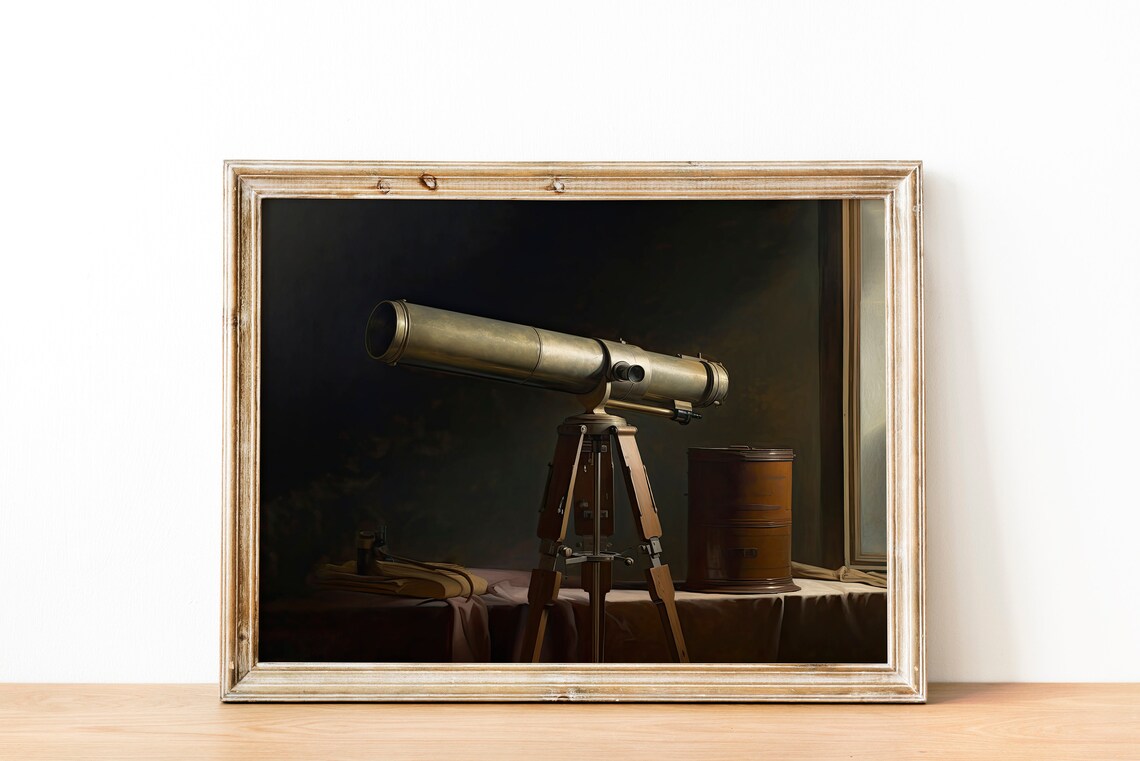 Antique Brass Telescope Dark Moody Still Life Oil Painting Poster - Image 2