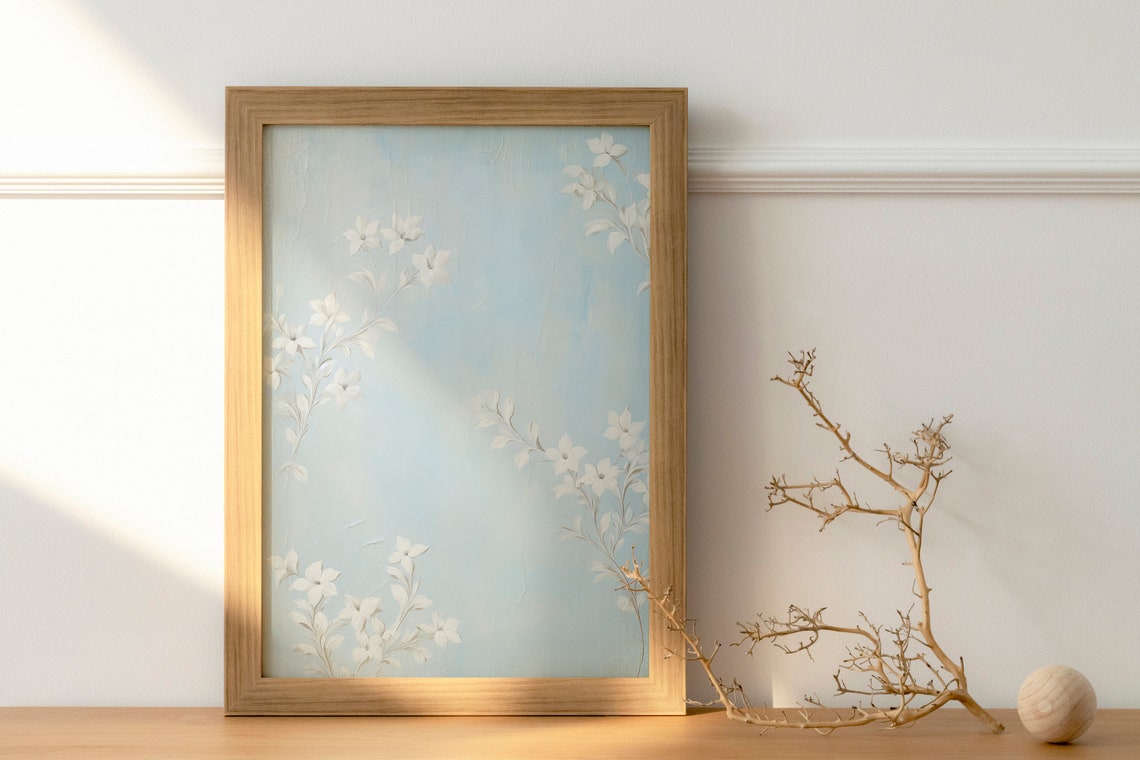 Serene Elegant Blue White Floral Botanical Vintage Style Art Print - Image 2