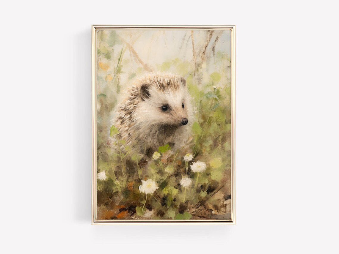 Muted Sweet Hedgehog in Flower Garden Vintage Oil Painting Poster - Image 3