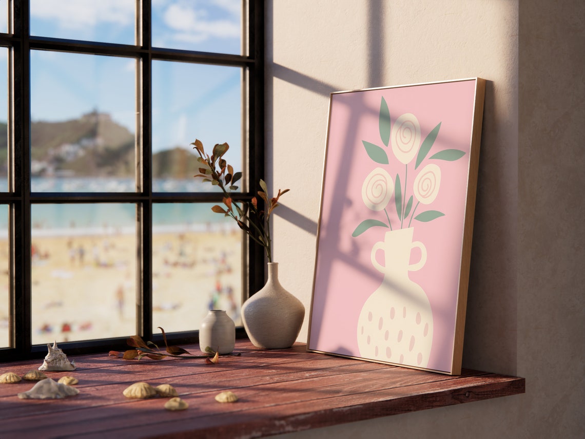 Pink Cream Rose Bouquet Vase Still Life Boho Floral Art Poster - Image 2
