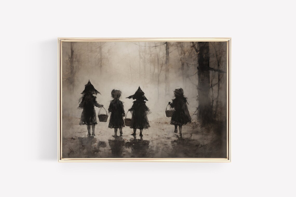 Children Trick or Treating in Foggy Woods Vintage Halloween Poster - Image 2