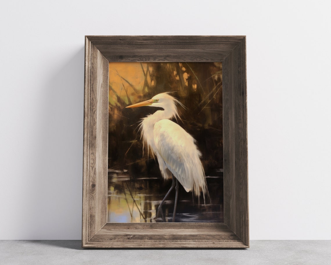 White Egret Marsh Sunset Vintage Wildlife Bird Painting Poster - Image 3