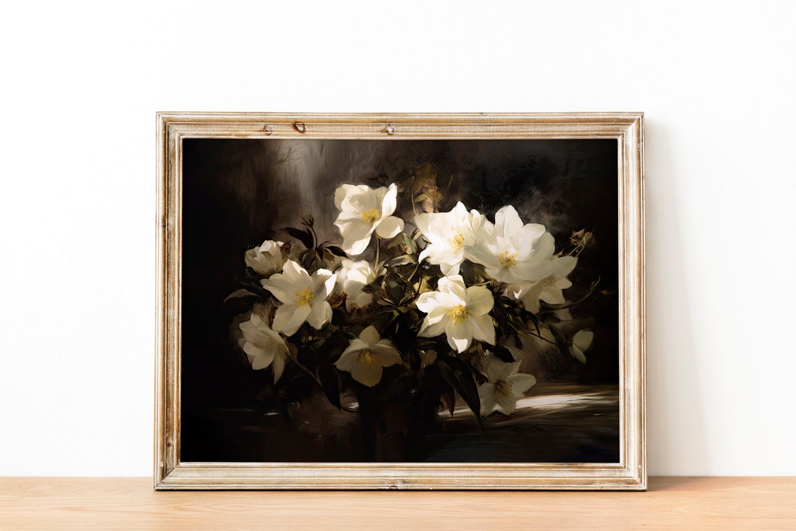 White Blossoms Dark Moody Floral Still Life Oil Painting Poster - Image 2