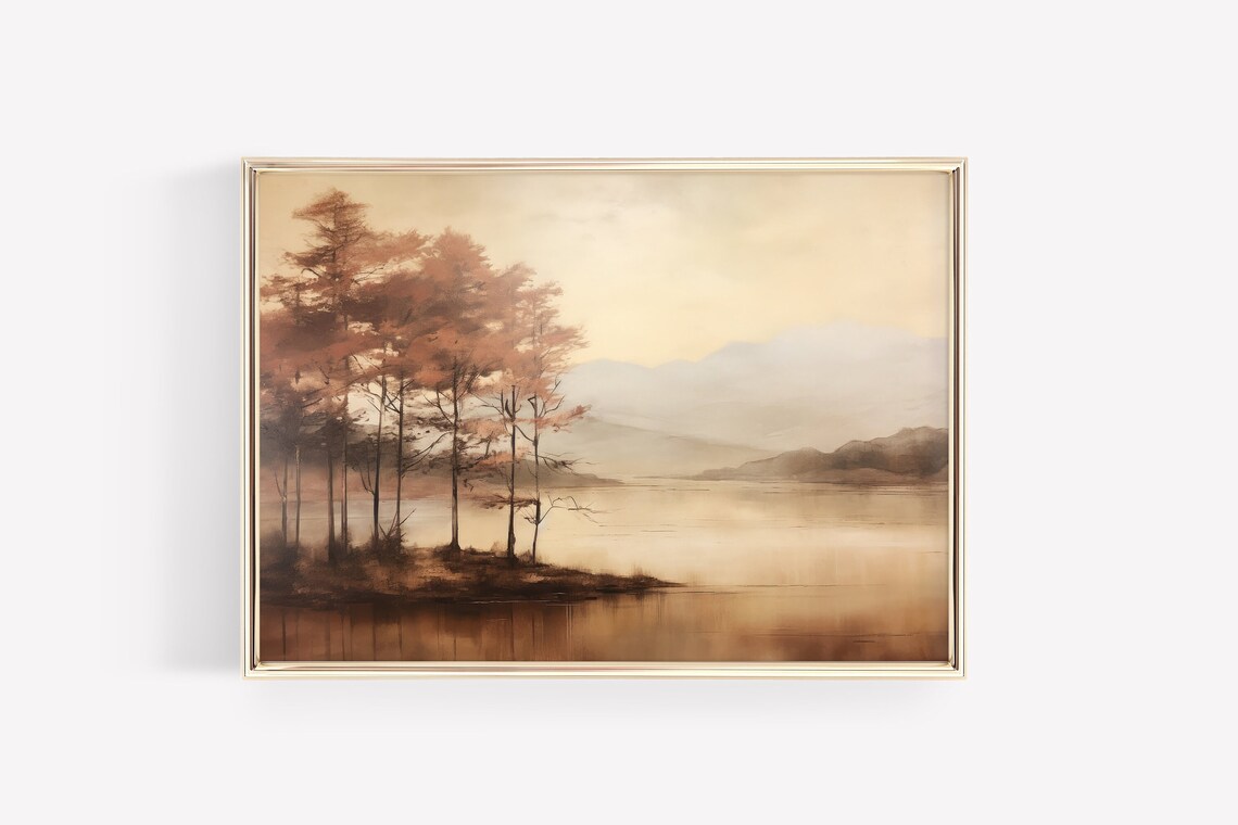 Muted Autumn Lake Landscape With Golden Trees Vintage Poster - Image 2
