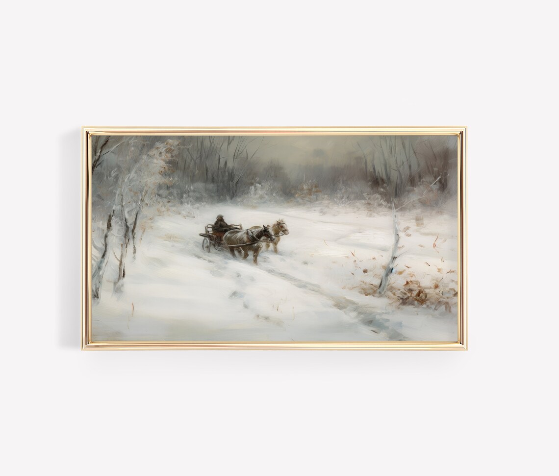 Horse Drawn Sleigh in Snow Vintage Winter Landscape Painting Poster - Image 3