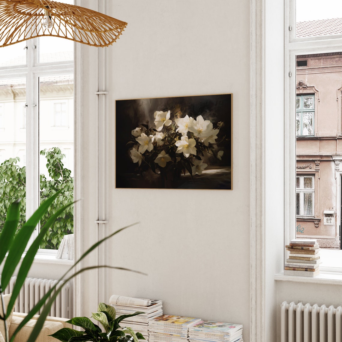 White Blossoms Dark Moody Floral Still Life Oil Painting Poster - Image 3