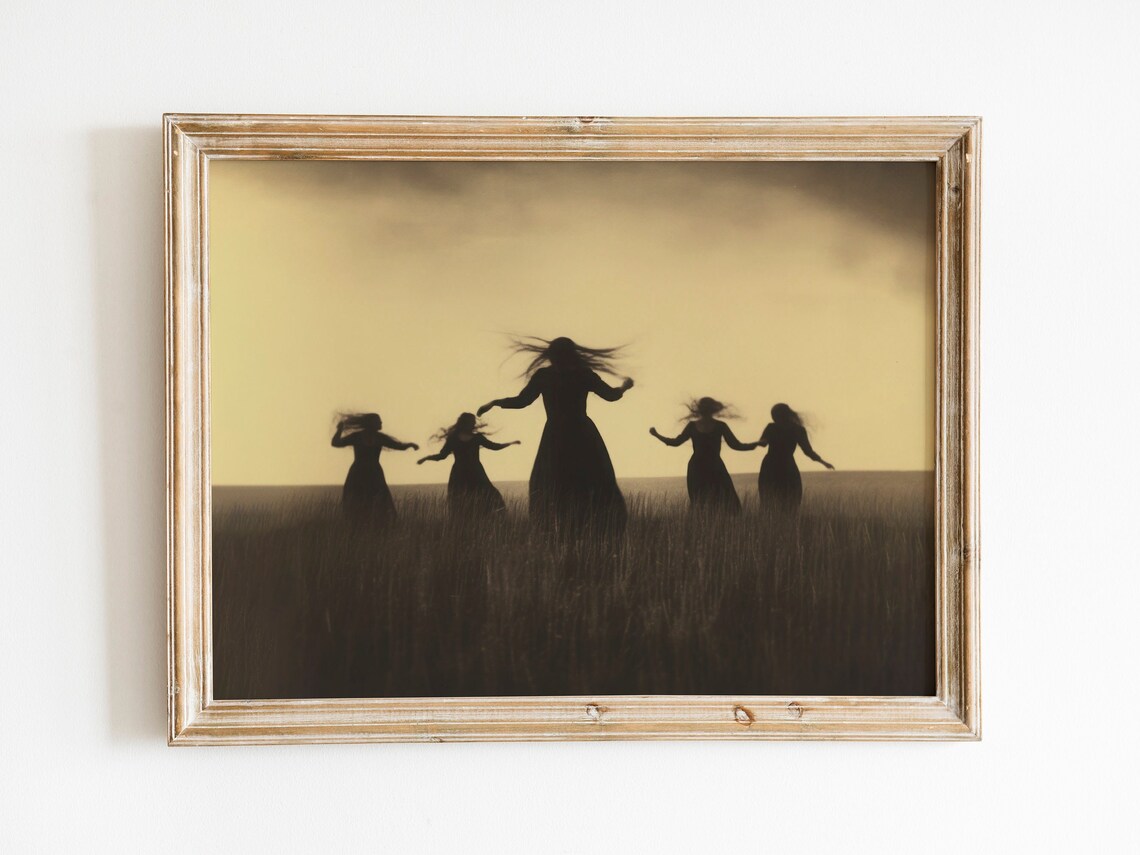 Dancing Women Sunset Field Silhouette Witchy Bohemian Art Poster