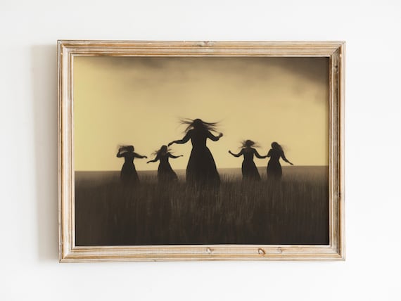 Dancing Women Sunset Field Silhouette Witchy Bohemian Art Poster