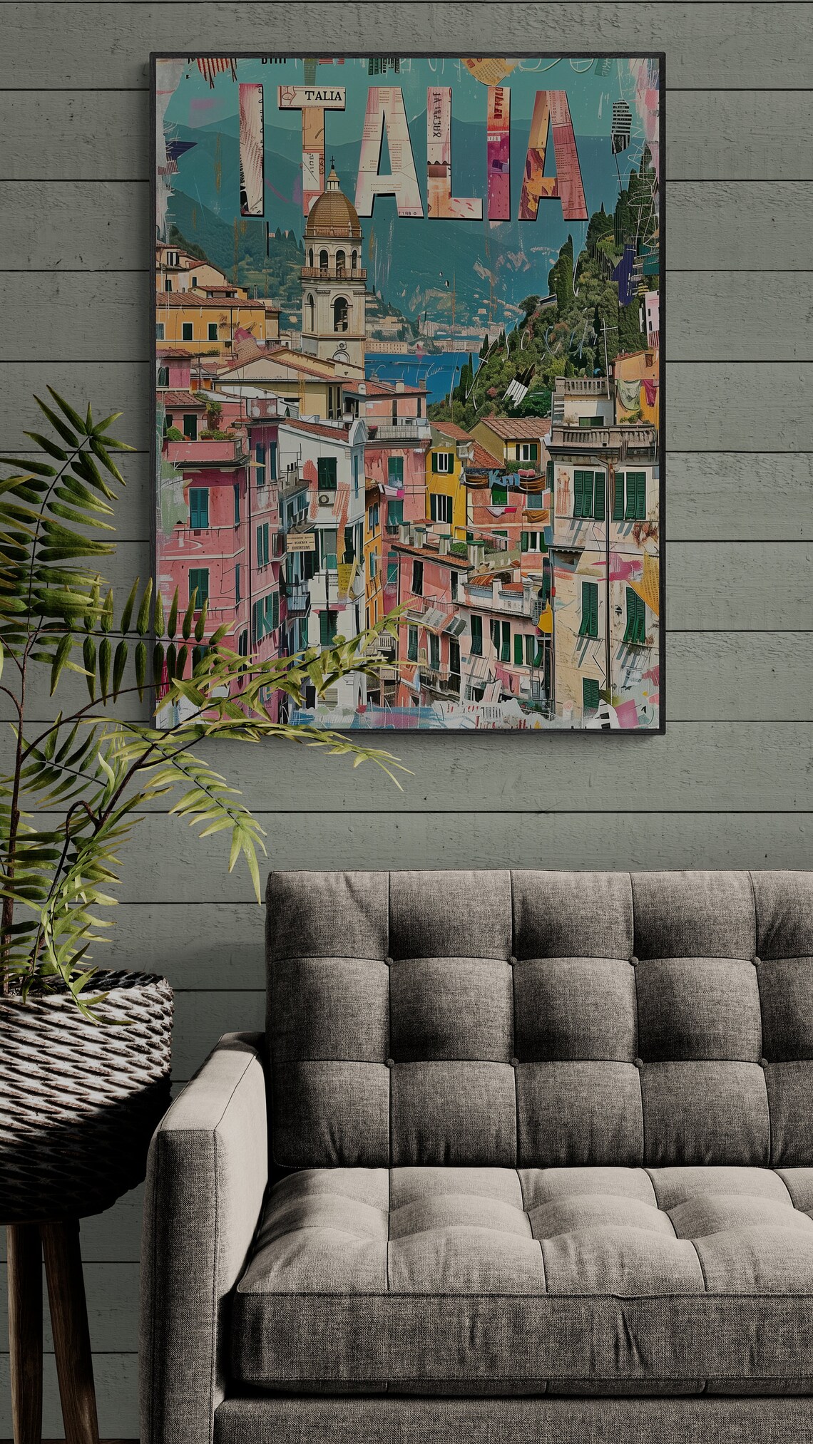 Italia Coastal Hill Town Church Tower Newsprint Letters Travel Poster - Image 3