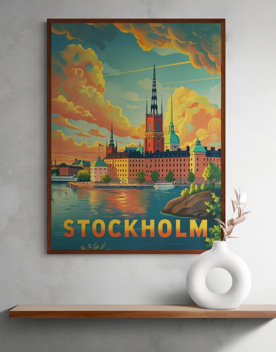 Stockholm Vintage Travel Poster Colorful Scandinavian Art Wall Decor Unique Gift For Travelers