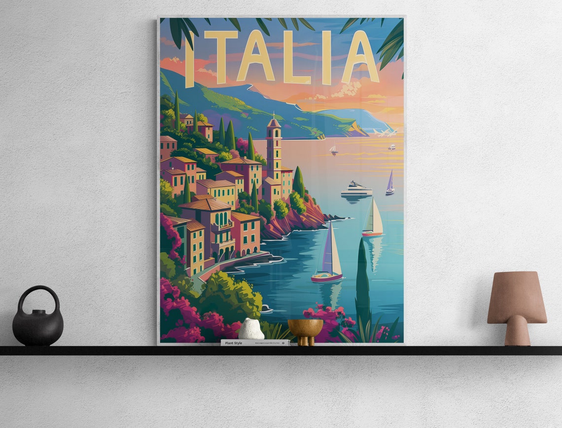 Italia Coastal Cliffs Seaside Sailboats Sunset Travel Poster - Image 3